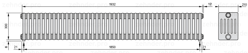 Схема (чертеж) Радиатор Zehnder Charleston 6030/42 №3570 Белый глянцевый RAL 9016